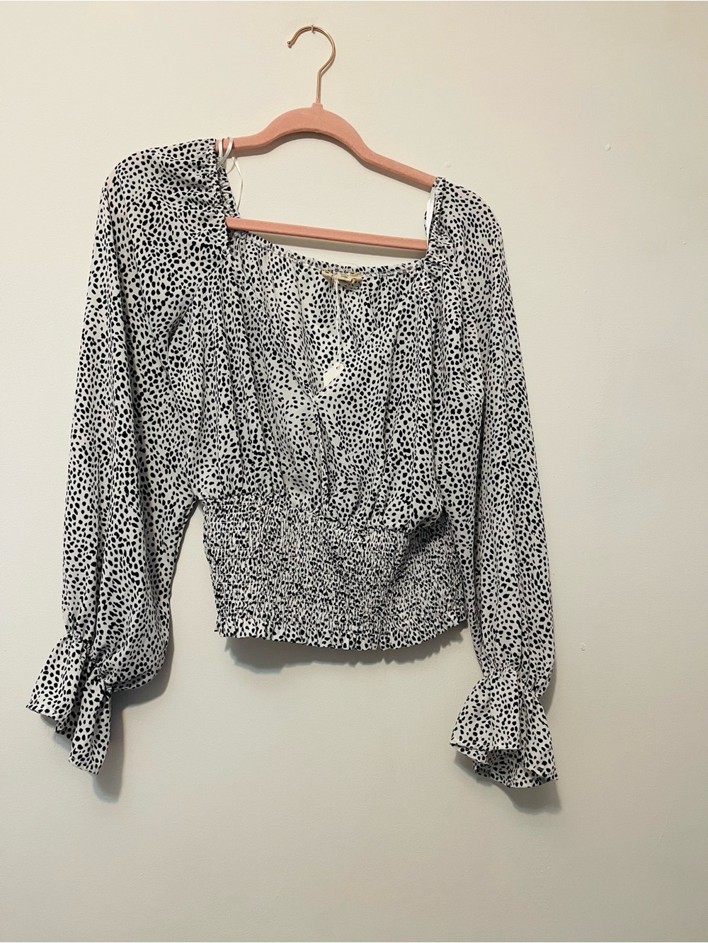 Smocked Waist Long-Sleeve Printed Peasant Top - White/Black